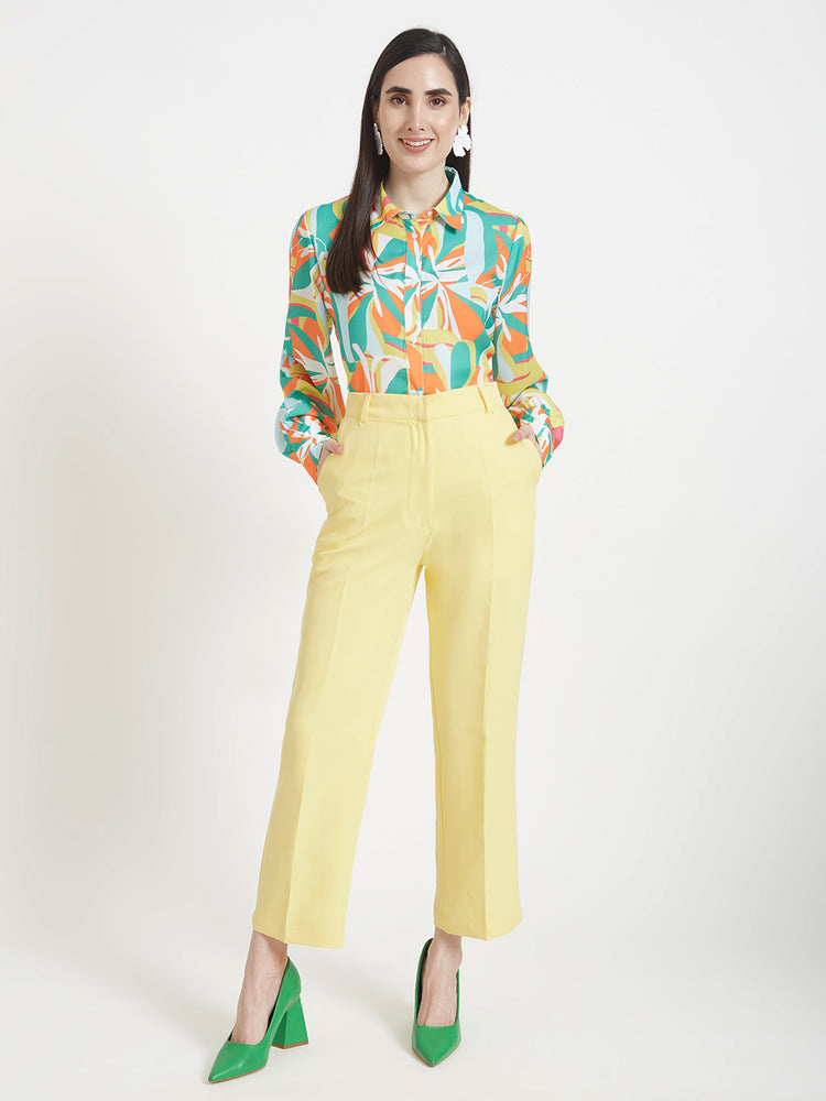 Women'S Luxury Banana Crepe Iris Yellow Straight Fit Flap Pocket Trouser