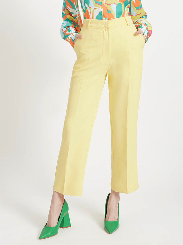 Women'S Luxury Banana Crepe Iris Yellow Straight Fit Flap Pocket Trouser