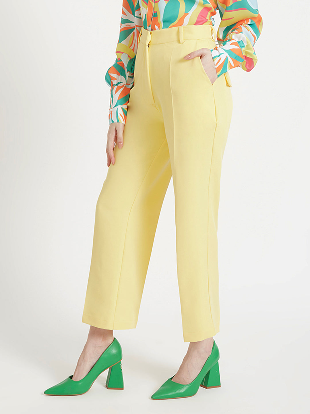 Women'S Luxury Banana Crepe Iris Yellow Straight Fit Flap Pocket Trouser
