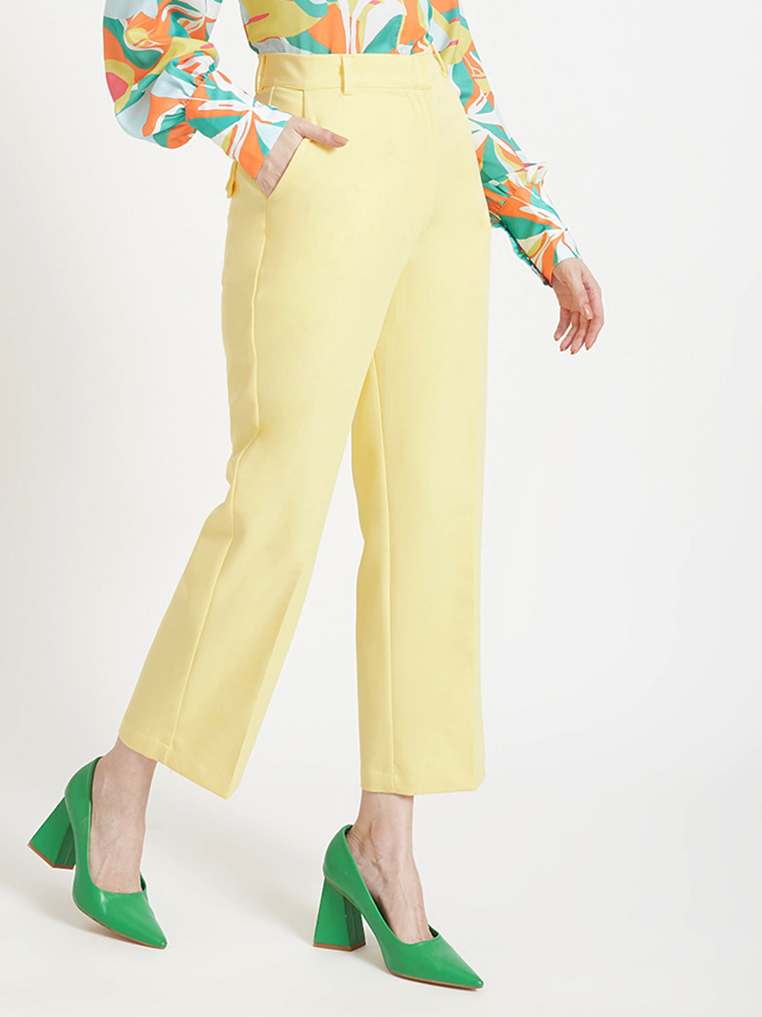 Women'S Luxury Banana Crepe Iris Yellow Straight Fit Flap Pocket Trouser