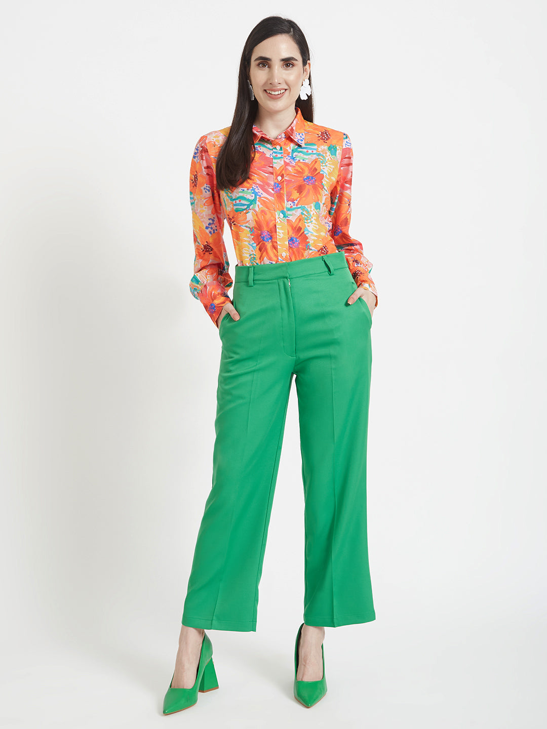 Women'S Luxury Banana Crepe Island Green Straight Fit Flap Pocket Trouser