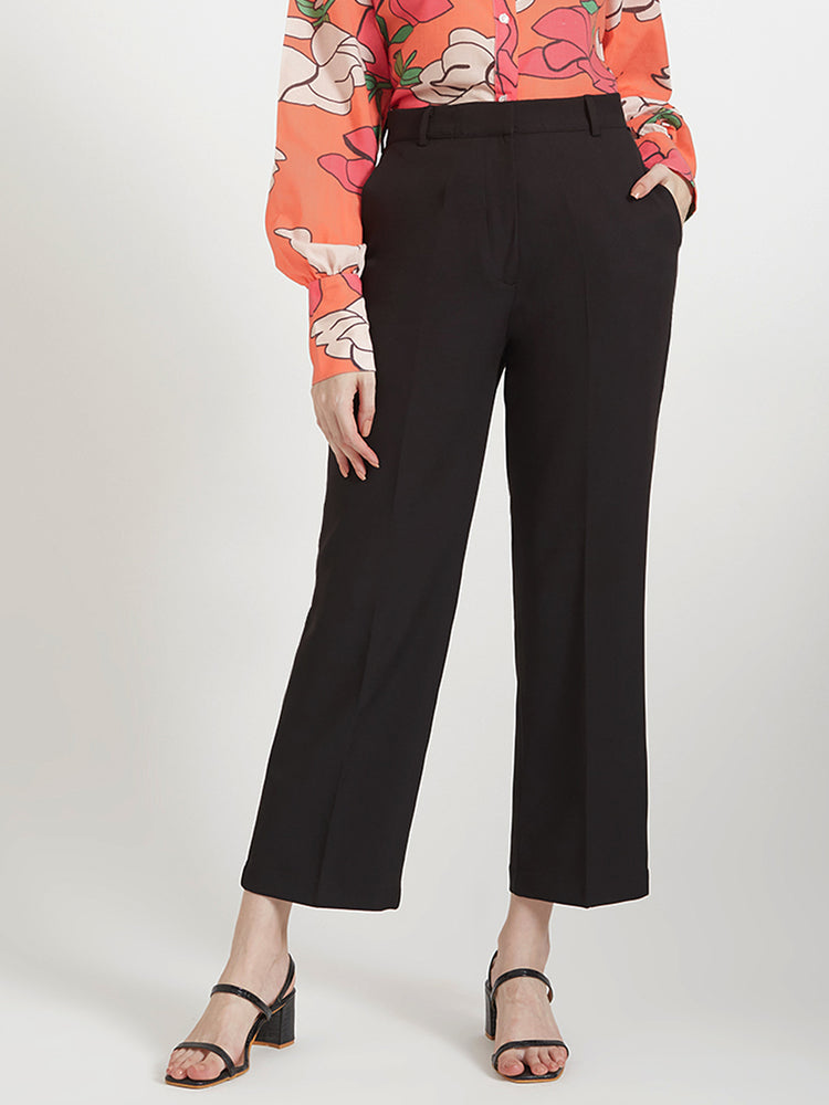 Women'S Luxury Banana Crepe Black Straight Fit Flap Pocket Trouser