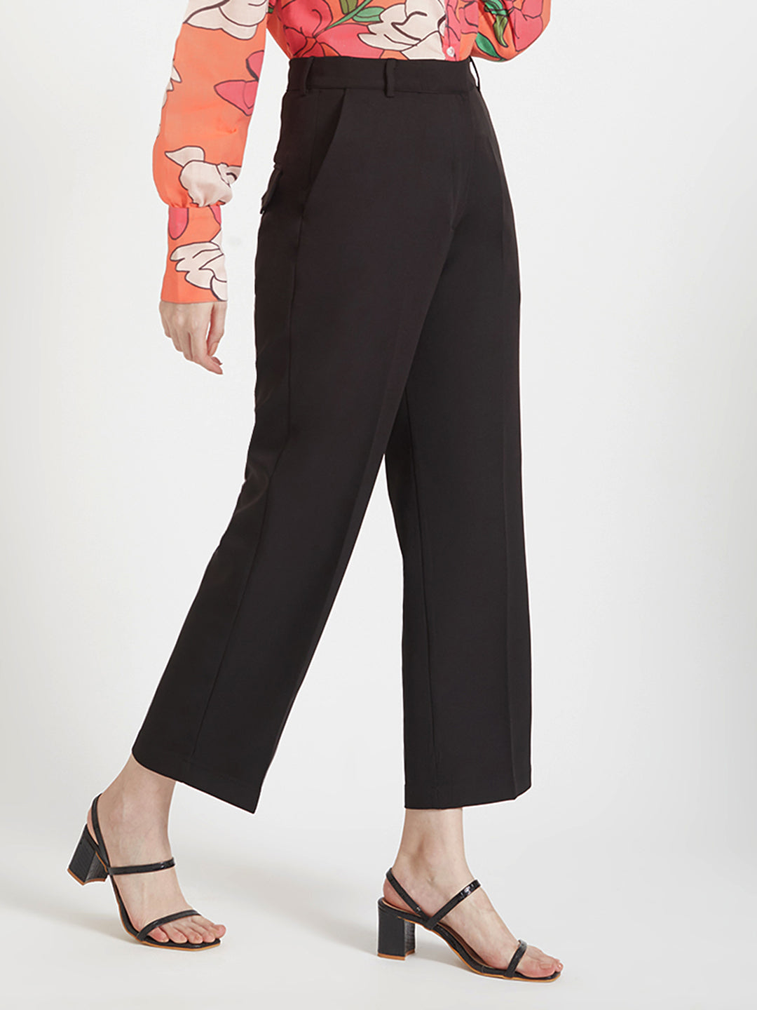 Women'S Luxury Banana Crepe Black Straight Fit Flap Pocket Trouser