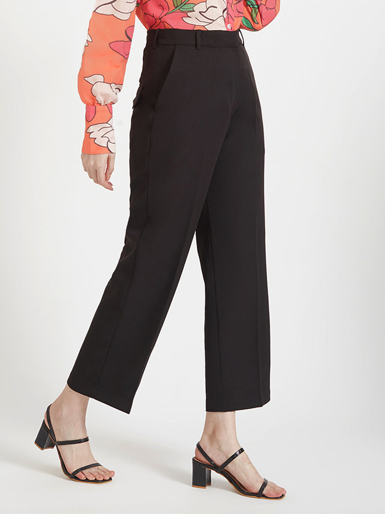 Women'S Luxury Banana Crepe Black Straight Fit Flap Pocket Trouser
