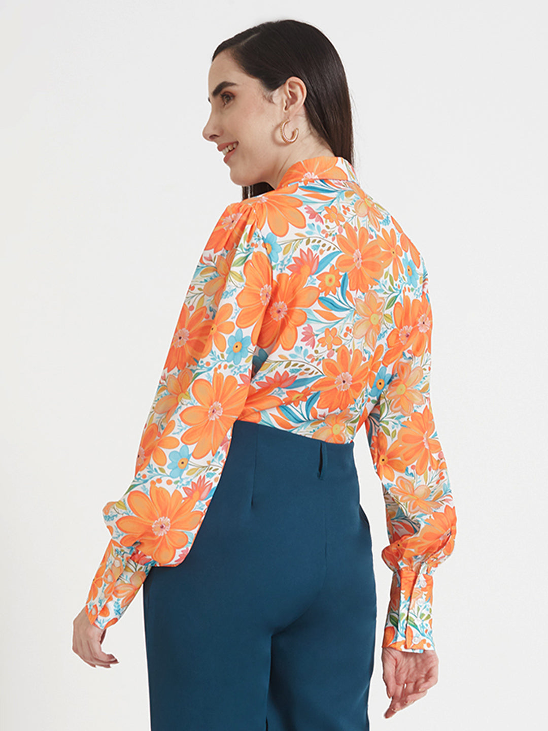 Luxury Satin Digital Print Puff Sleeve Shirt