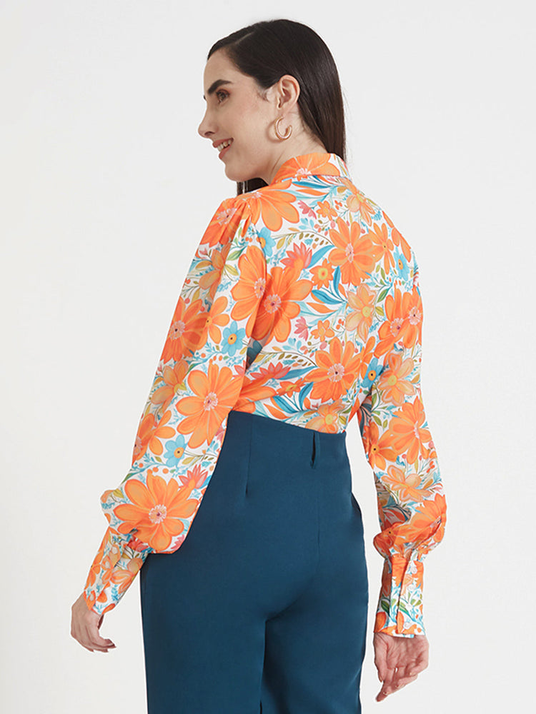 Luxury Satin Digital Print Puff Sleeve Shirt