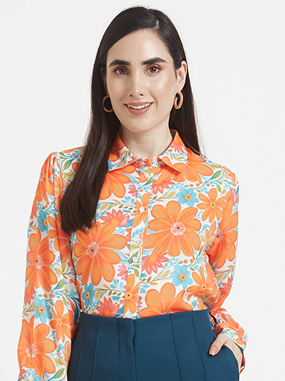 Luxury Satin Digital Print Puff Sleeve Shirt