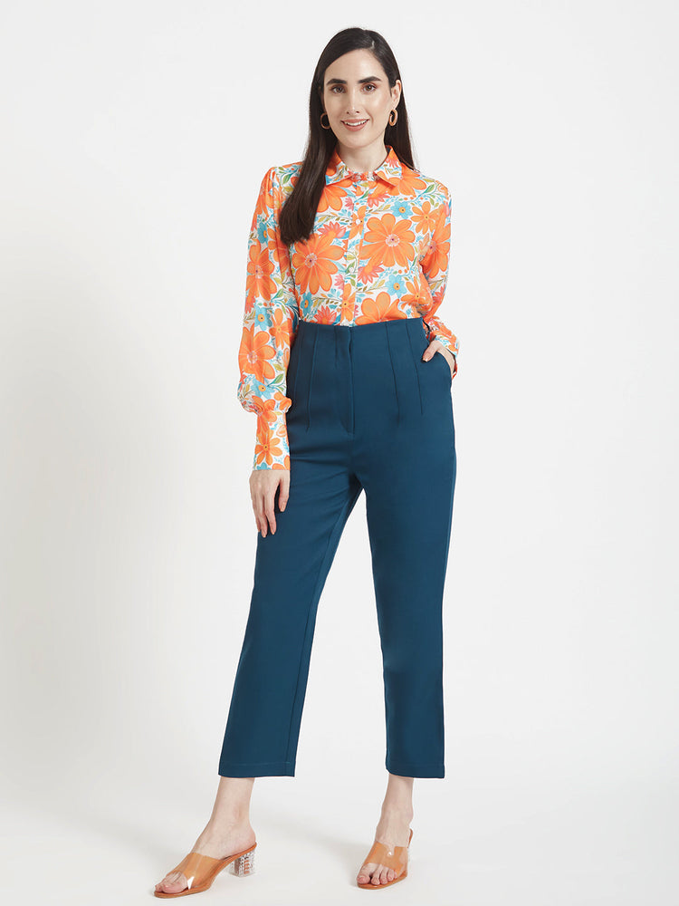 Luxury Satin Digital Print Puff Sleeve Shirt