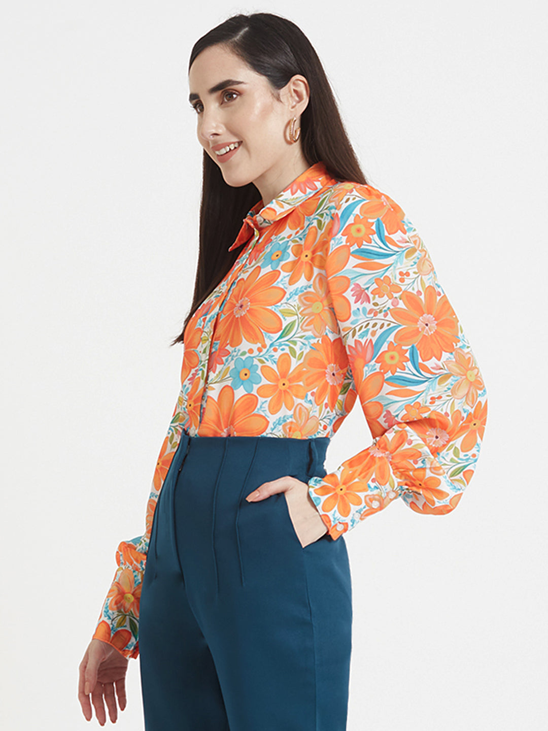 Luxury Satin Digital Print Puff Sleeve Shirt