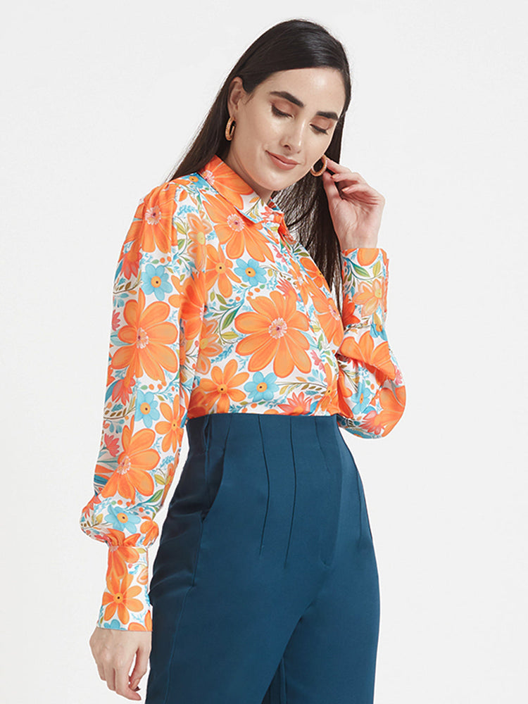 Luxury Satin Digital Print Puff Sleeve Shirt