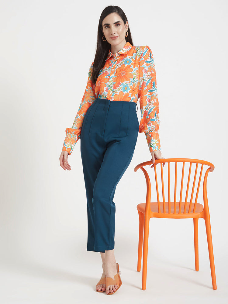 Luxury Satin Digital Print Puff Sleeve Shirt