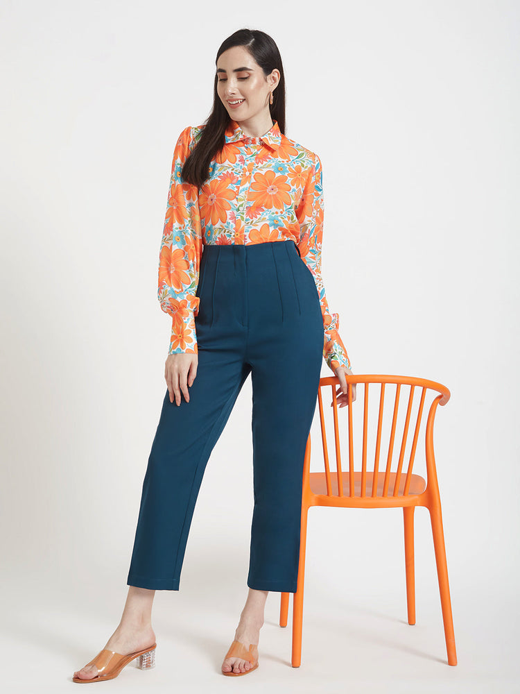 Luxury Satin Digital Print Puff Sleeve Shirt
