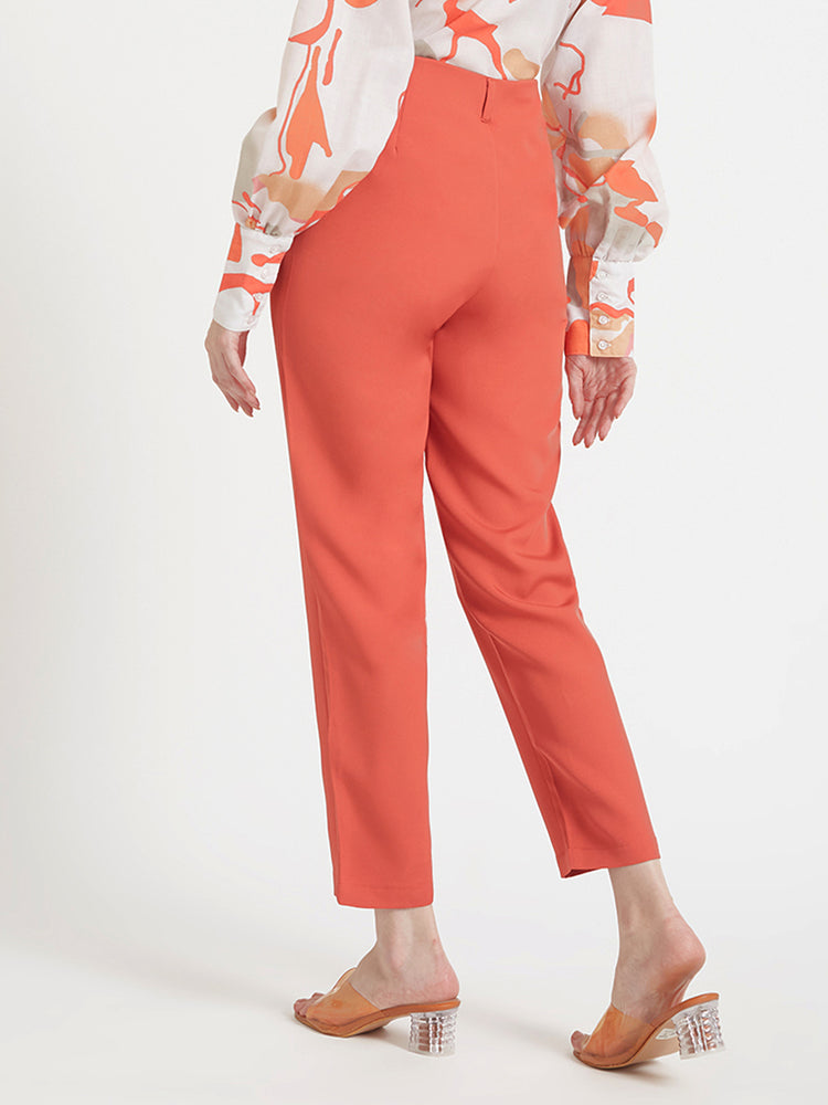 Women'S Luxury Banana Crepe Rust Red Skin Fit Multi Pleated Trouser