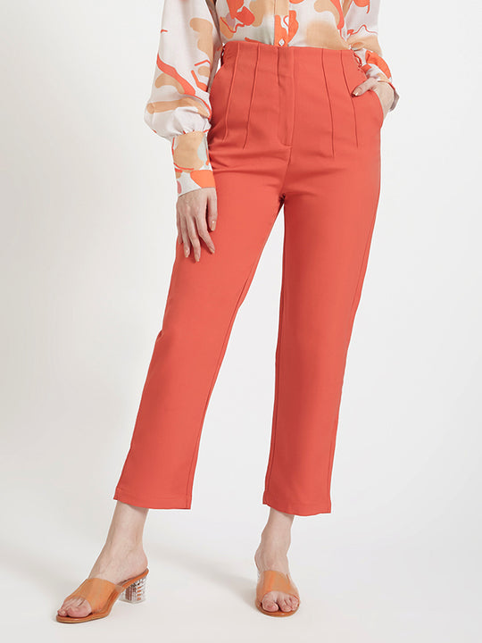 Women'S Luxury Banana Crepe Rust Red Skin Fit Multi Pleated Trouser