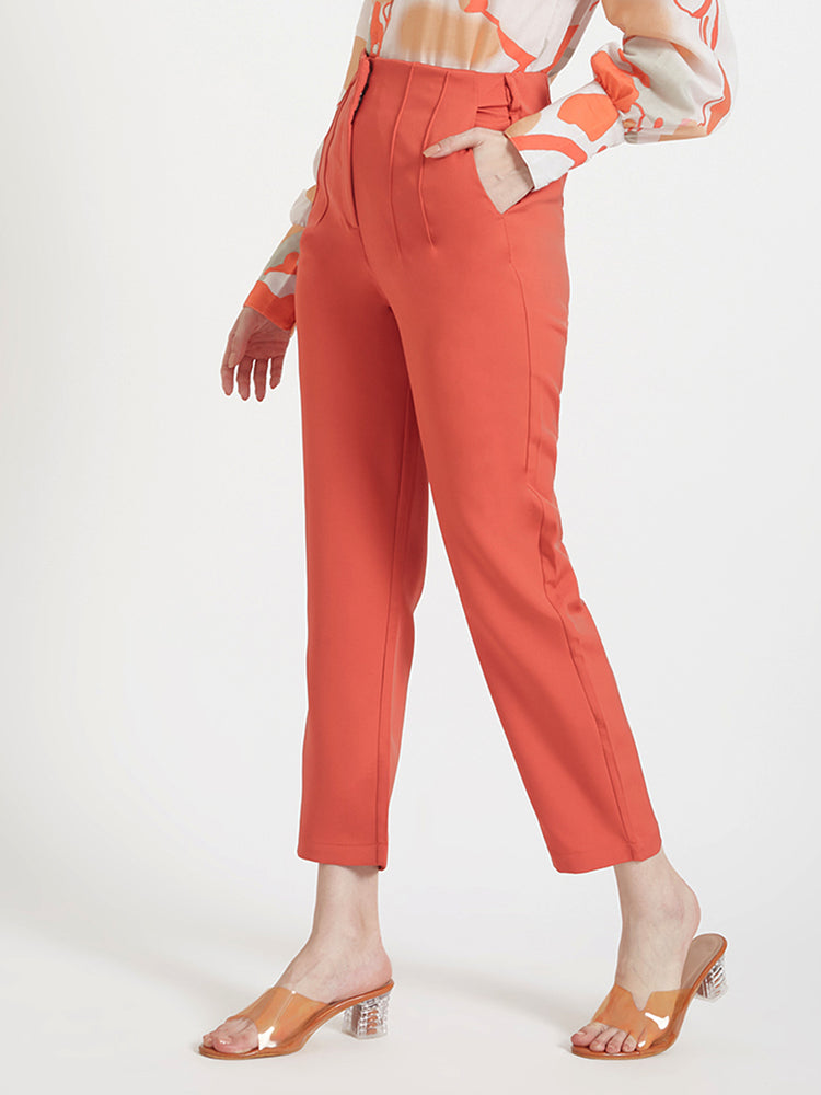 Women'S Luxury Banana Crepe Rust Red Skin Fit Multi Pleated Trouser