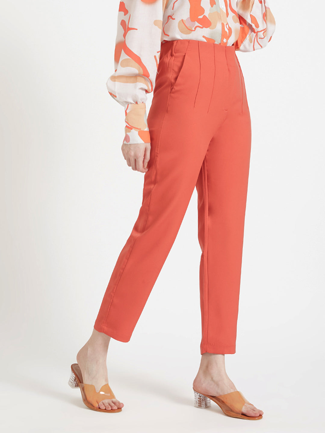 Women'S Luxury Banana Crepe Rust Red Skin Fit Multi Pleated Trouser
