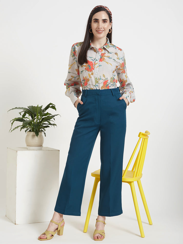 Women'S Luxury Banana Crepe Deep Teal Straight Fit Flap Pocket Trouser