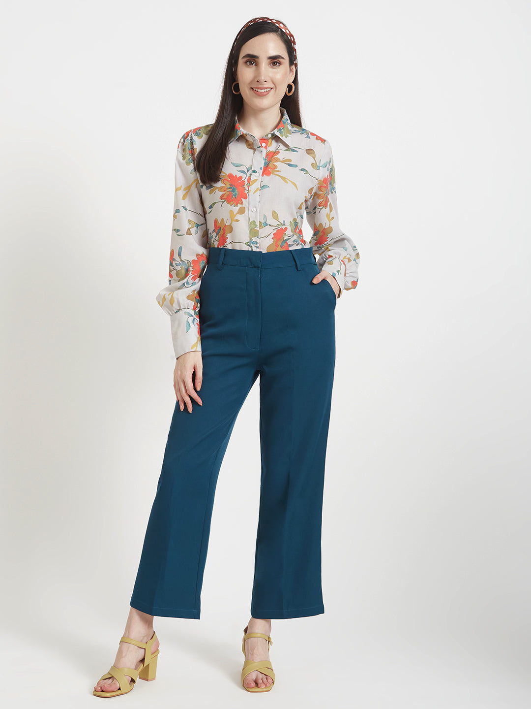 Women'S Luxury Banana Crepe Deep Teal Straight Fit Flap Pocket Trouser