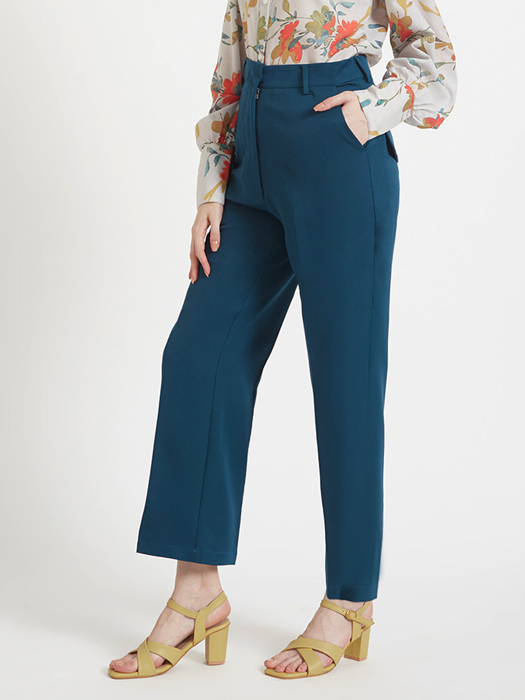 Women'S Luxury Banana Crepe Deep Teal Straight Fit Flap Pocket Trouser