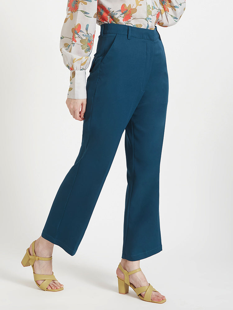Women'S Luxury Banana Crepe Deep Teal Straight Fit Flap Pocket Trouser