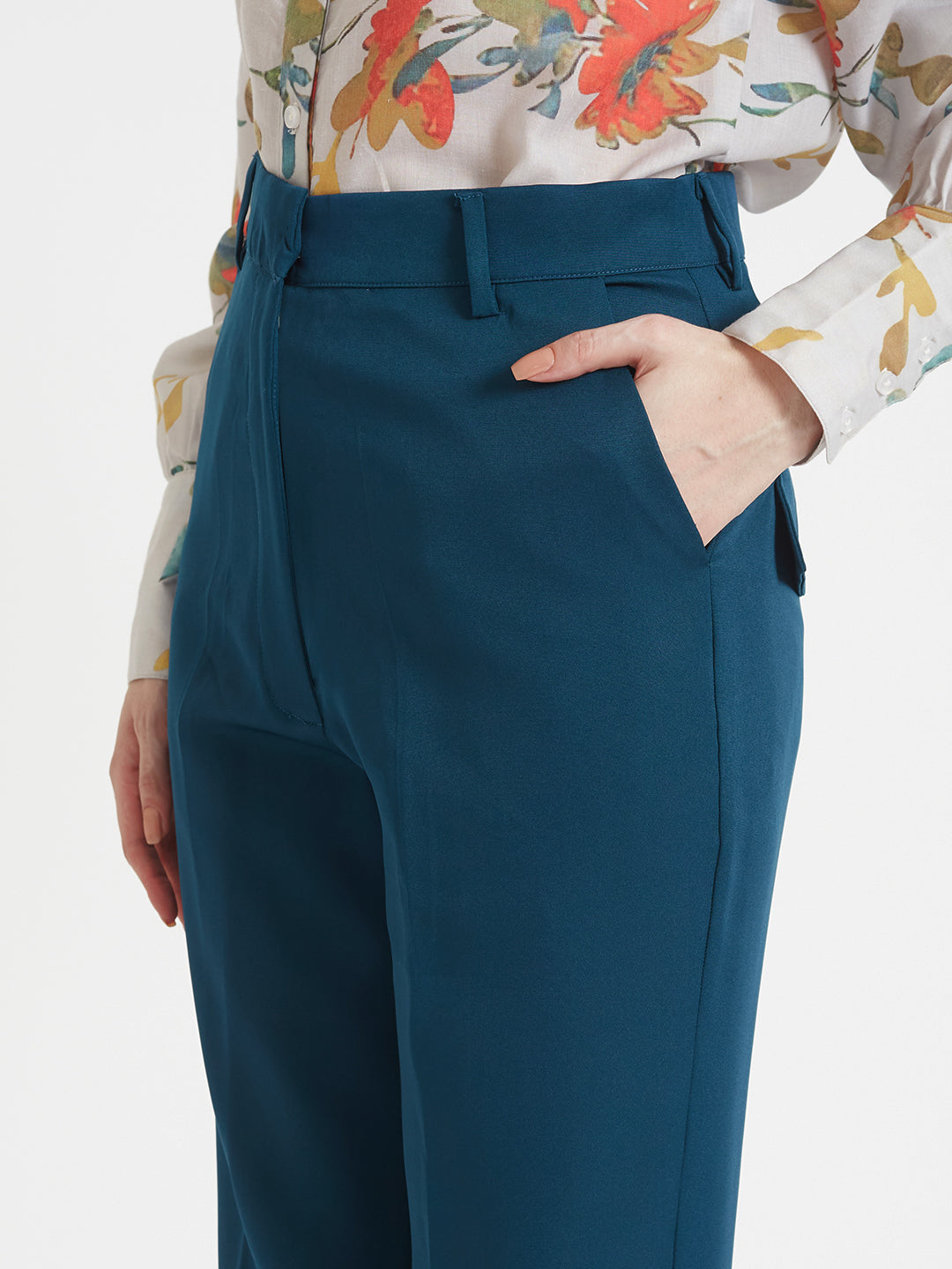 Women'S Luxury Banana Crepe Deep Teal Straight Fit Flap Pocket Trouser