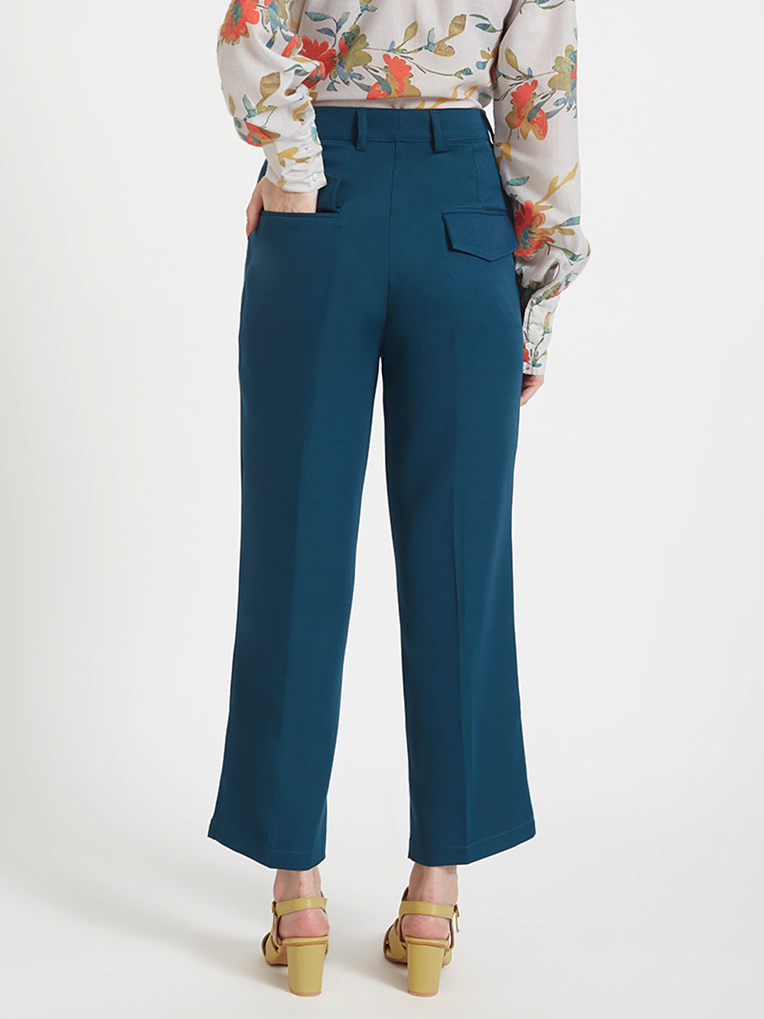 Women'S Luxury Banana Crepe Deep Teal Straight Fit Flap Pocket Trouser