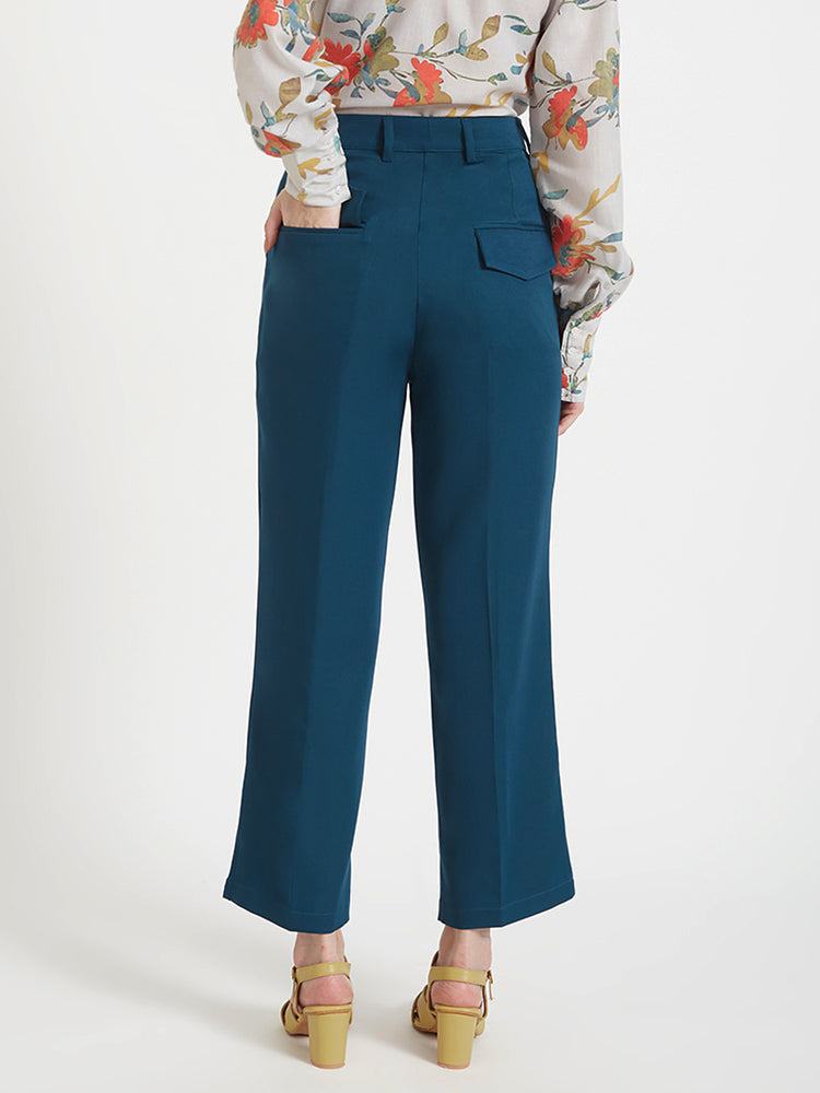 Women'S Luxury Banana Crepe Deep Teal Straight Fit Flap Pocket Trouser