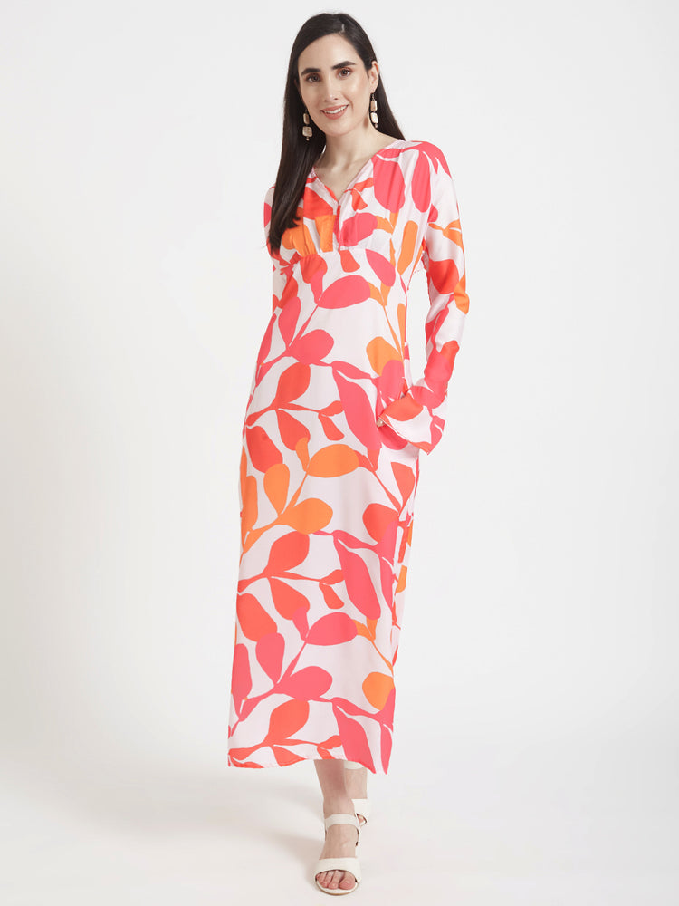 Luxury Satin Digital Print Maxi Dress With Slash Pocket