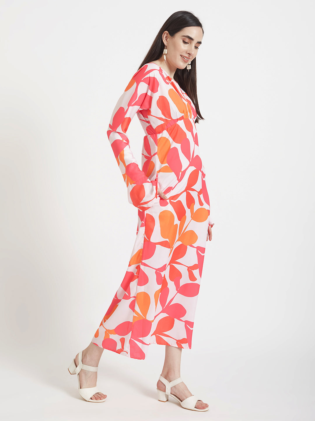 Luxury Satin Digital Print Maxi Dress With Slash Pocket