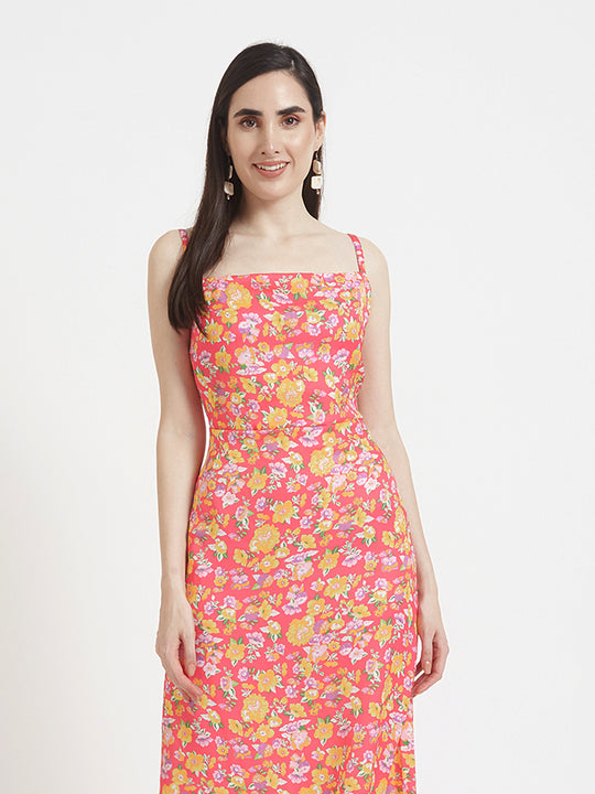 Luxury Satin Digital Print Shoulder Strap Bodycon Maxi Dress With Slash Pocket
