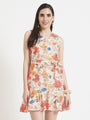 Luxury Cambric Digital Print V Neck Flare Dress With Slash Pocket