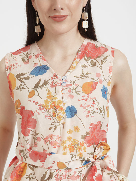 Luxury Cambric Digital Print V Neck Flare Dress With Slash Pocket