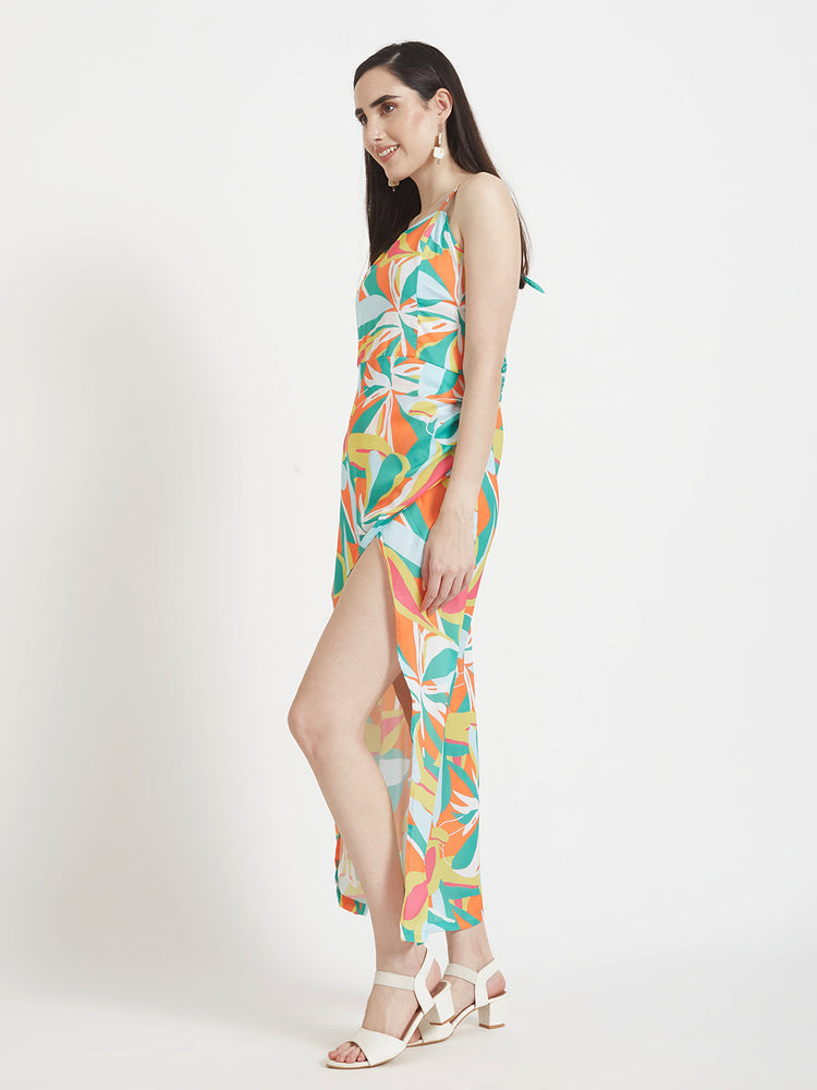 Luxury Satin Digital Print Maxi Dress With Slash Pocket