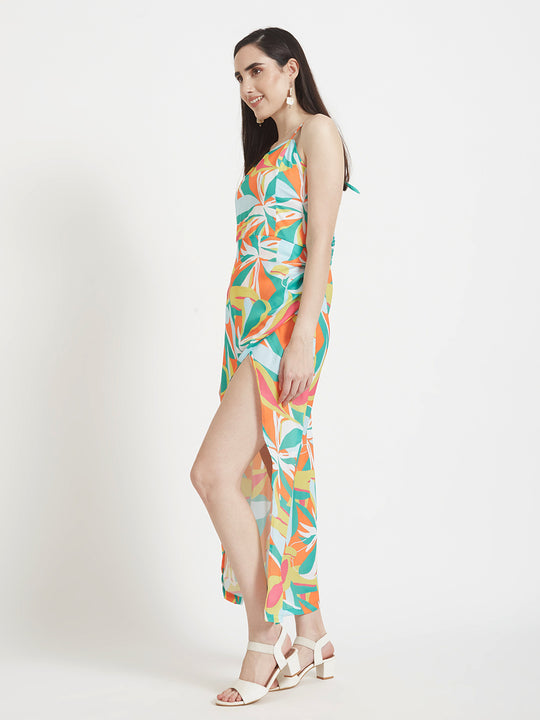 Luxury Satin Digital Print Maxi Dress With Slash Pocket