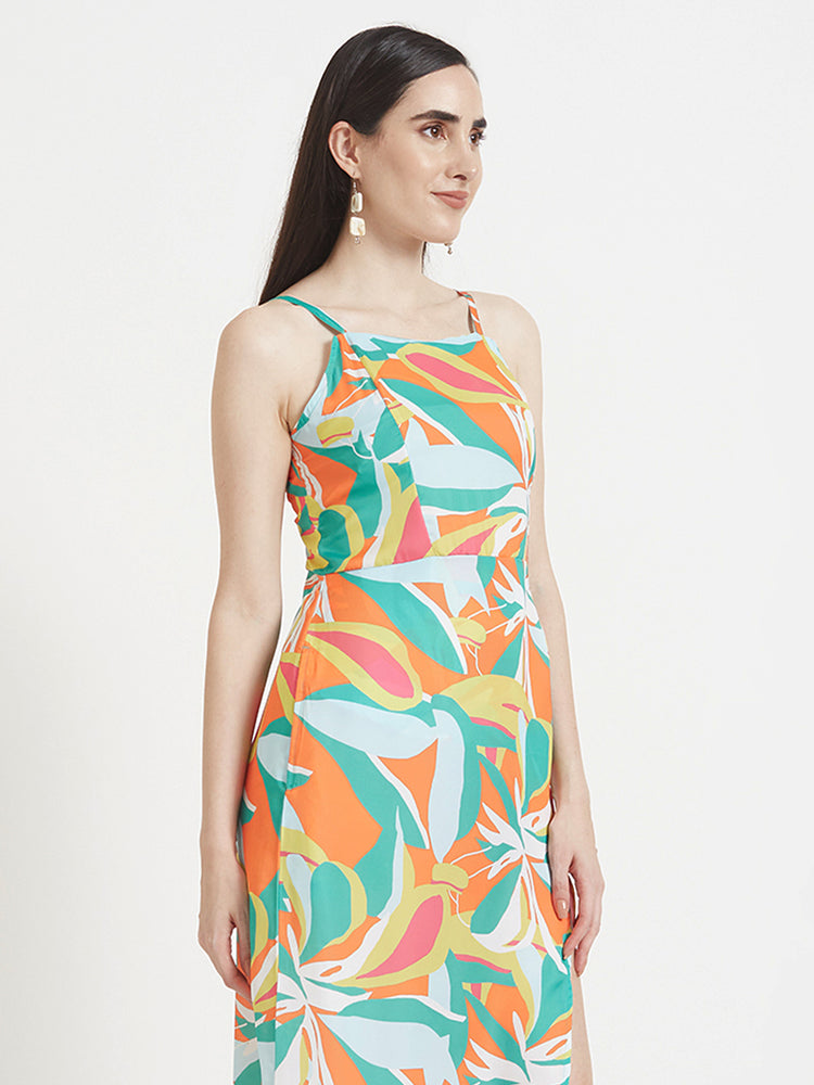 Luxury Satin Digital Print Maxi Dress With Slash Pocket