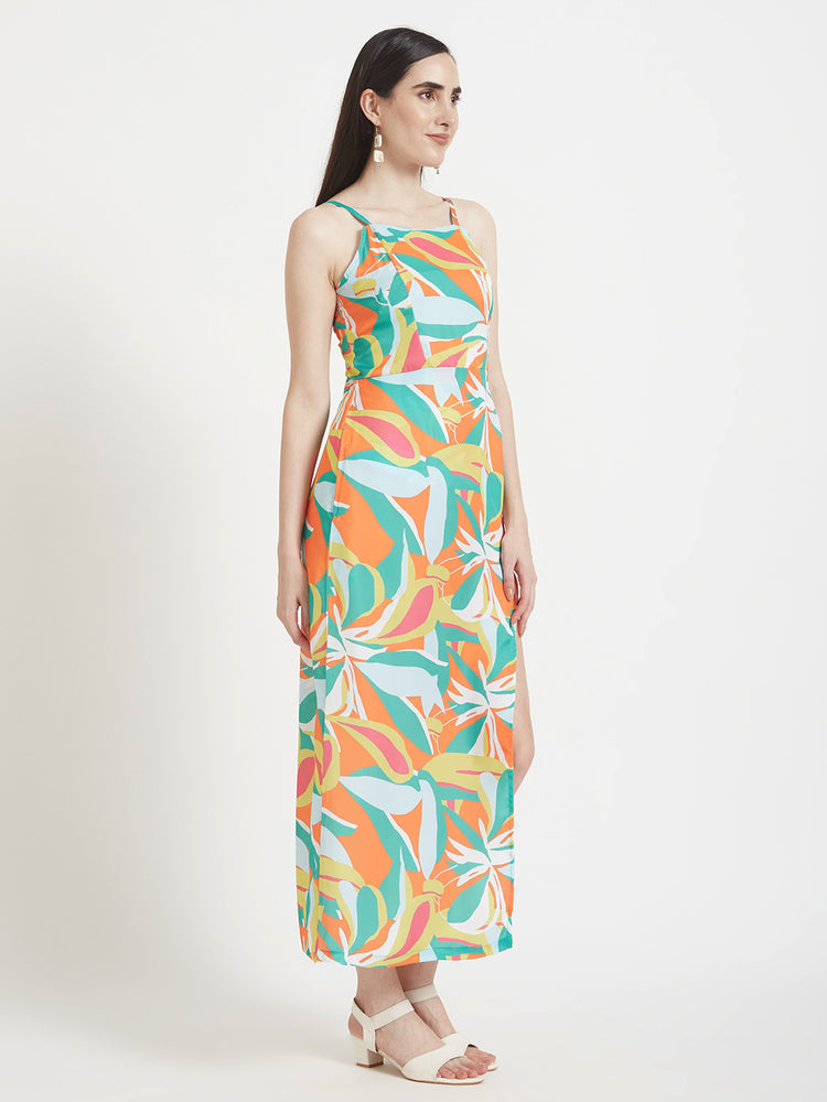Luxury Satin Digital Print Maxi Dress With Slash Pocket