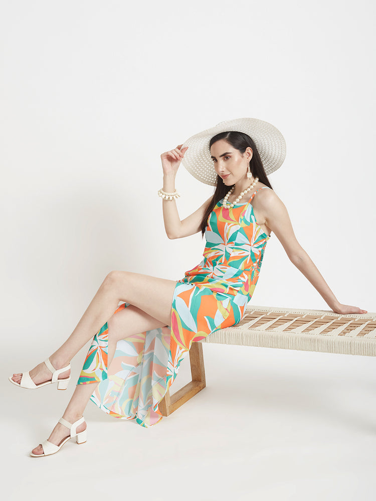 Luxury Satin Digital Print Maxi Dress With Slash Pocket