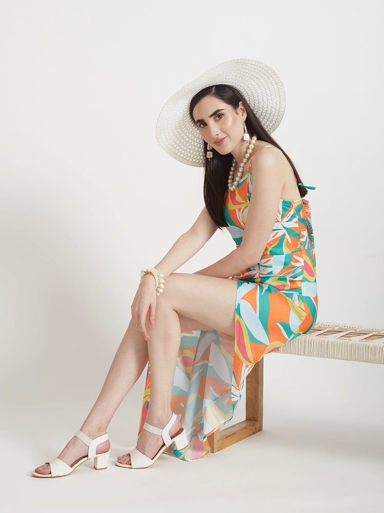Luxury Satin Digital Print Maxi Dress With Slash Pocket