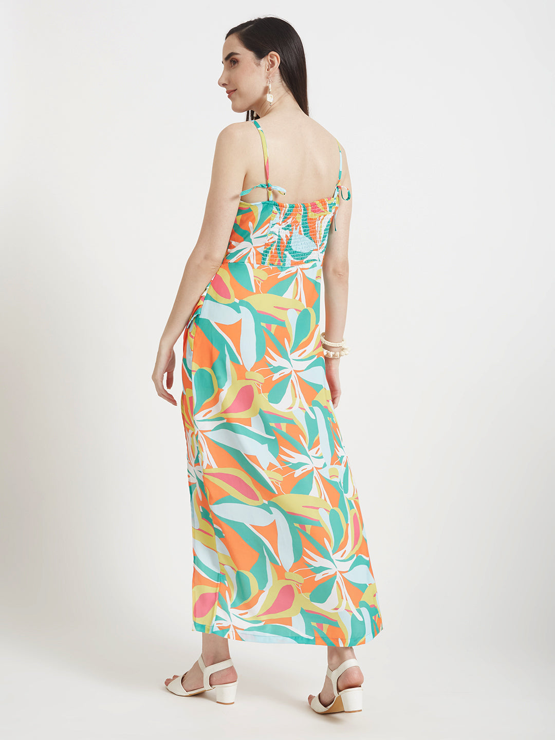 Luxury Satin Digital Print Maxi Dress With Slash Pocket