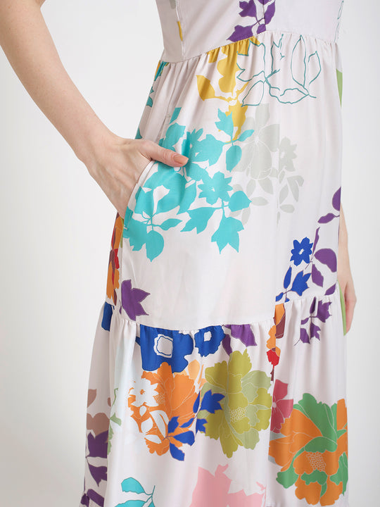 Premium Micro Digital Print Shoulder Strap Maxi Dress With Slash Pocket