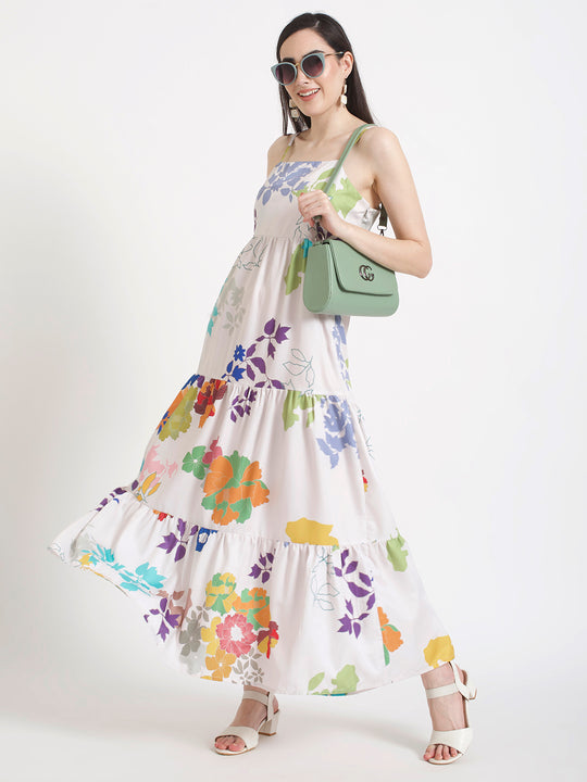 Premium Micro Digital Print Shoulder Strap Maxi Dress With Slash Pocket