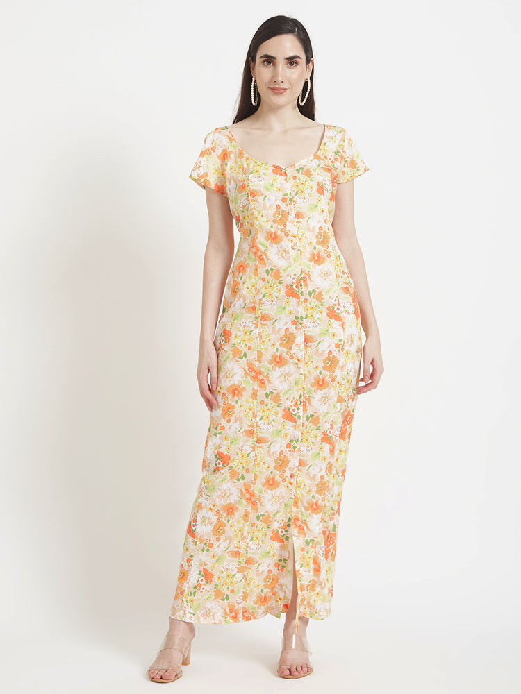 Premium American Crepe Digital Print Front Slit Body Maxi Dress With Slash Pocket