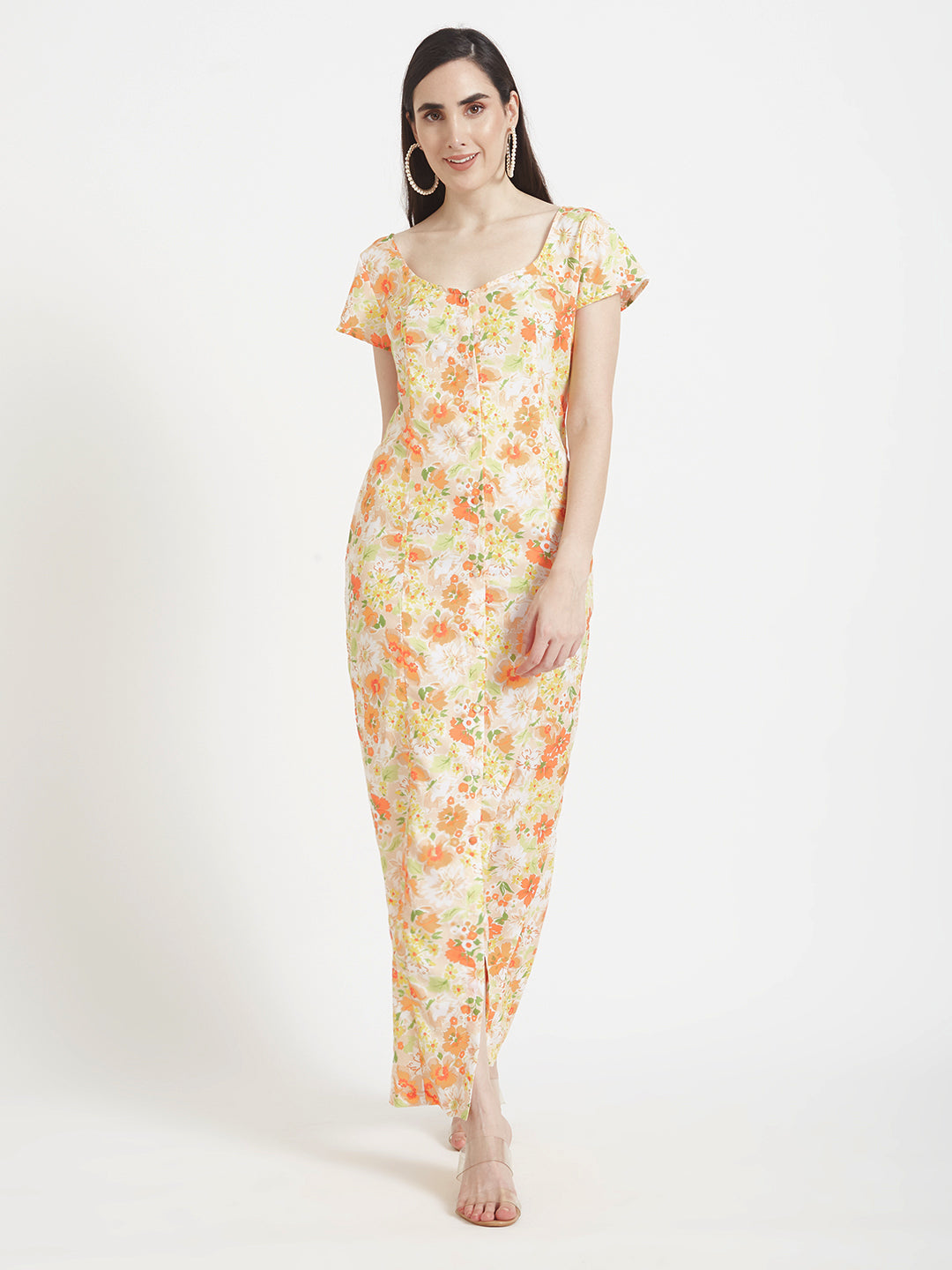 Premium American Crepe Digital Print Front Slit Body Maxi Dress With Slash Pocket
