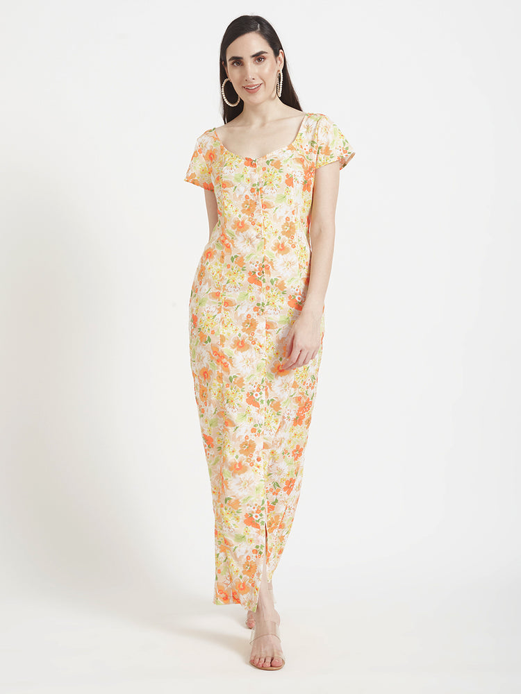 Premium American Crepe Digital Print Front Slit Body Maxi Dress With Slash Pocket