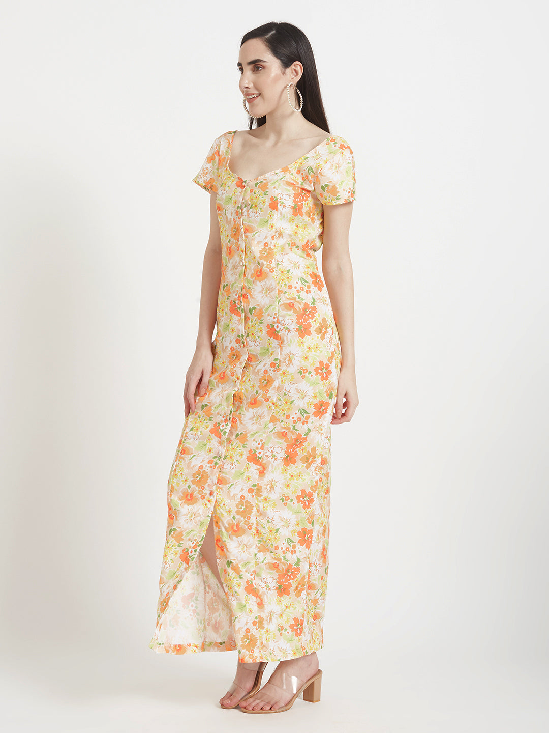 Premium American Crepe Digital Print Front Slit Body Maxi Dress With Slash Pocket