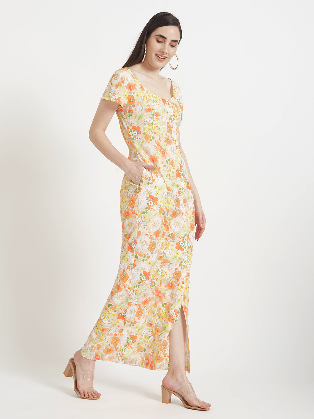 Premium American Crepe Digital Print Front Slit Body Maxi Dress With Slash Pocket