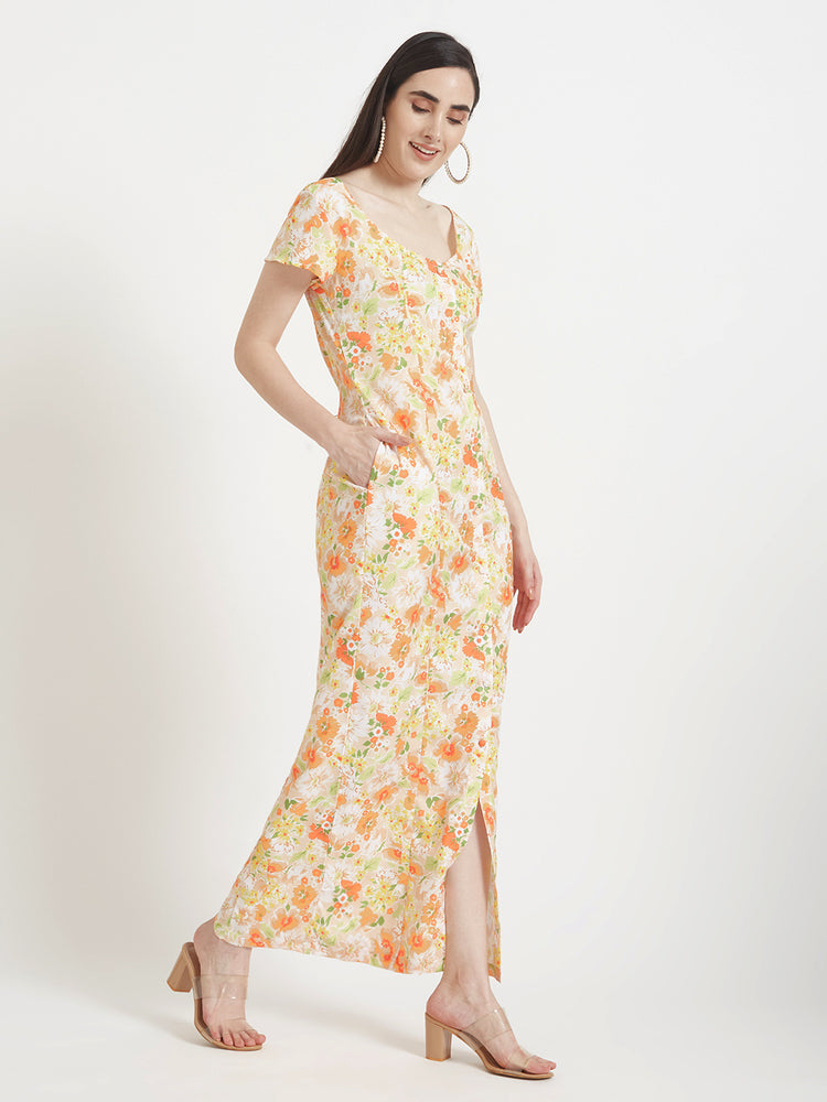 Premium American Crepe Digital Print Front Slit Body Maxi Dress With Slash Pocket