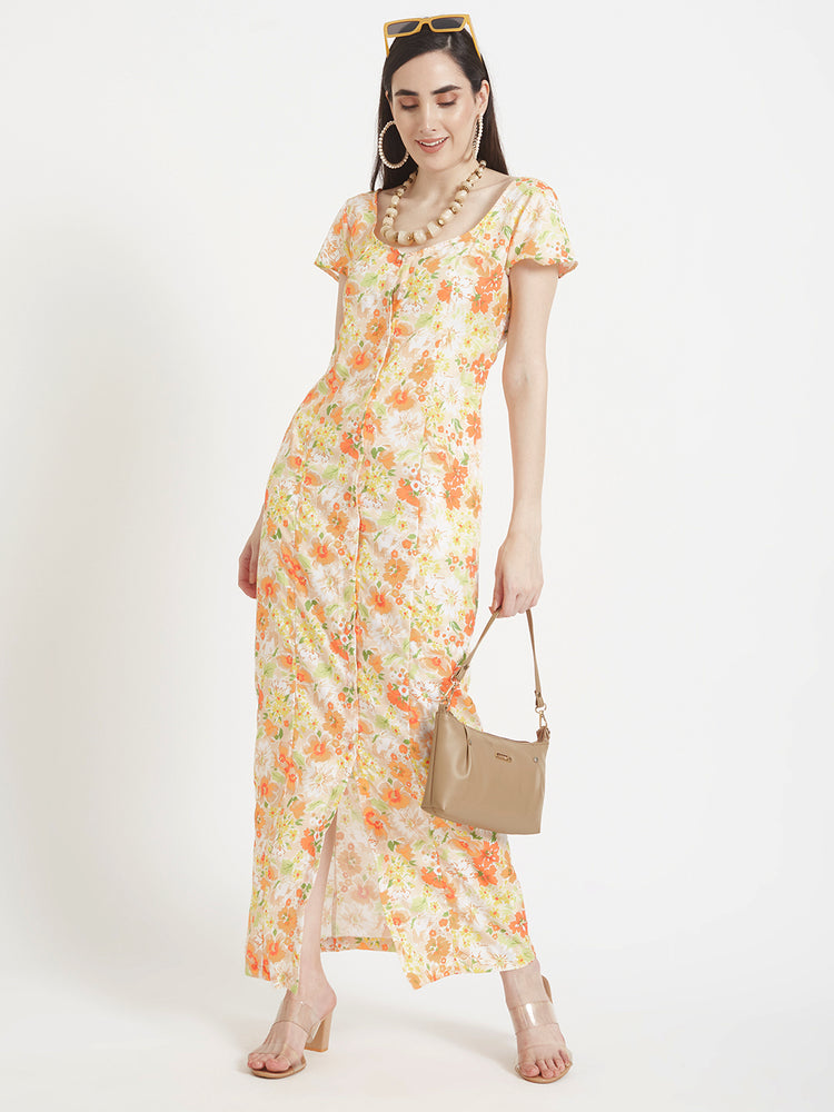 Premium American Crepe Digital Print Front Slit Body Maxi Dress With Slash Pocket