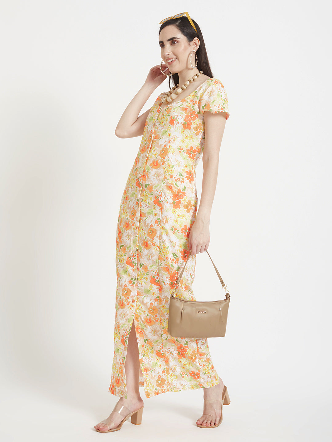 Premium American Crepe Digital Print Front Slit Body Maxi Dress With Slash Pocket