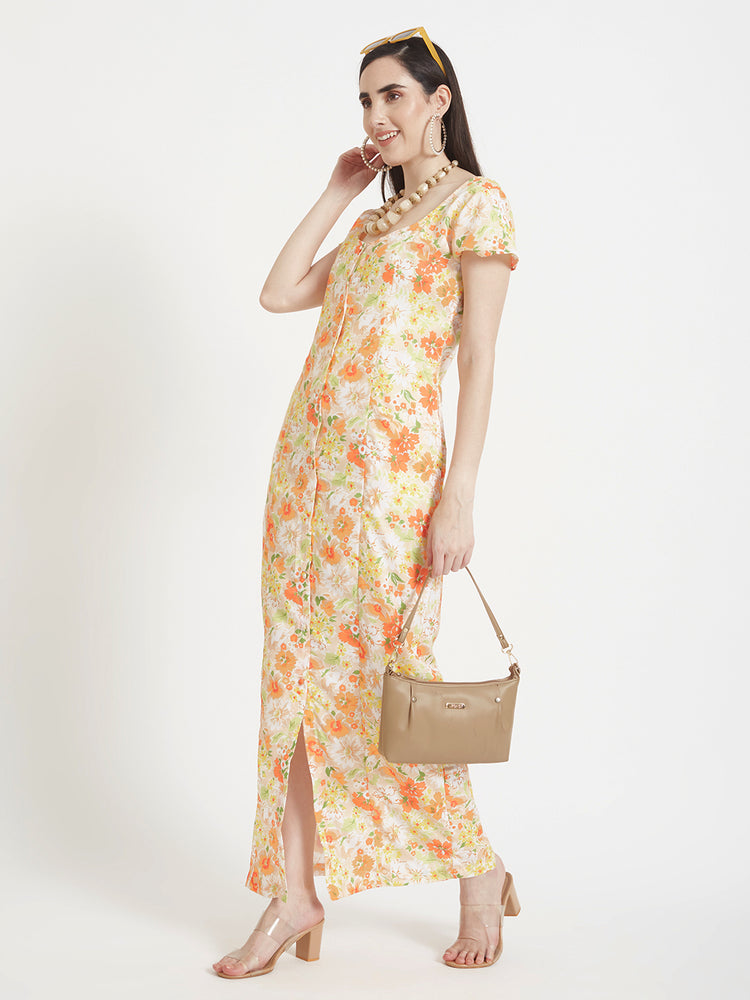 Premium American Crepe Digital Print Front Slit Body Maxi Dress With Slash Pocket
